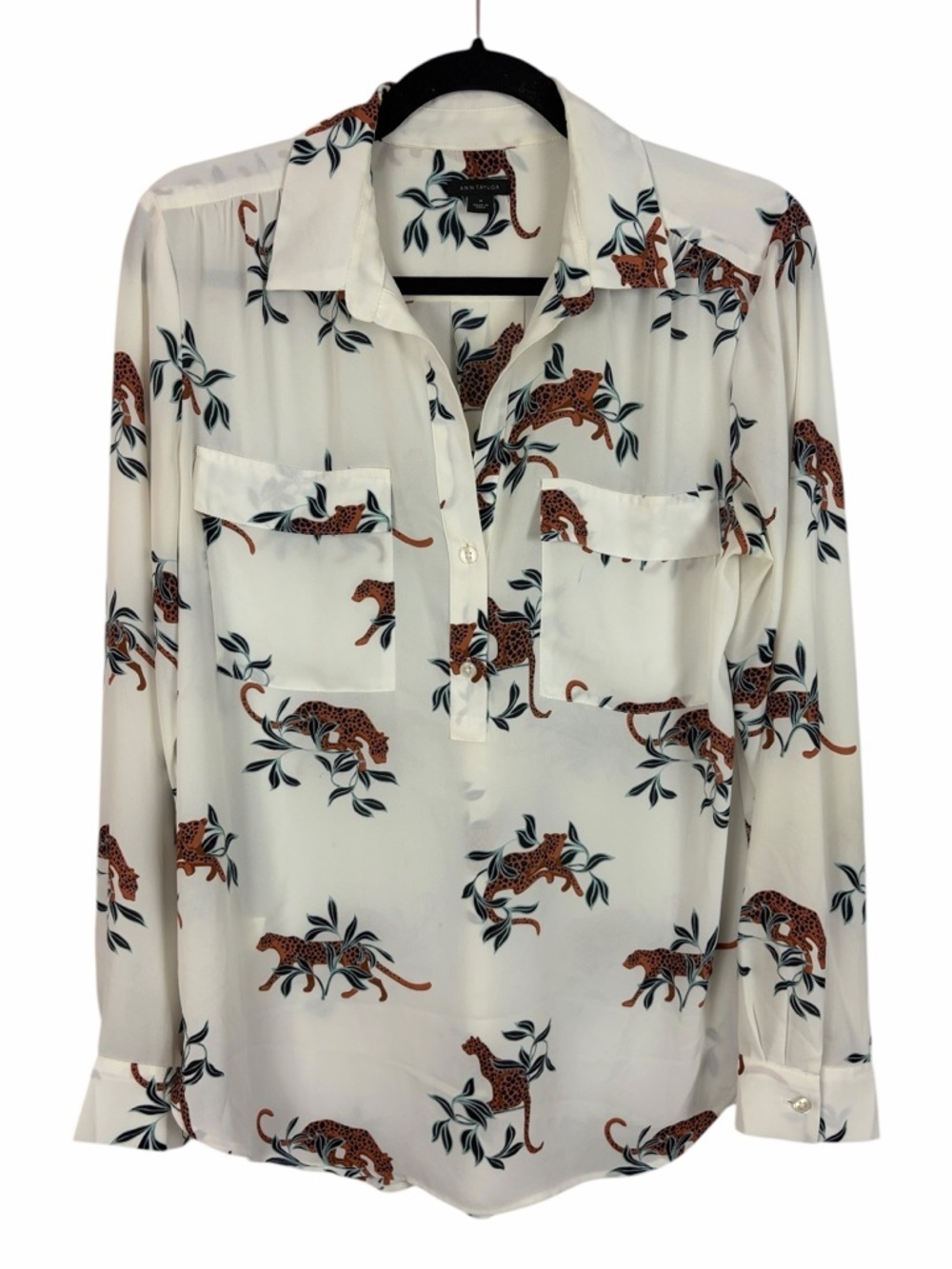 Ann Taylor Leopard Print Blouse Cream Long Sleeve Button Front Medium